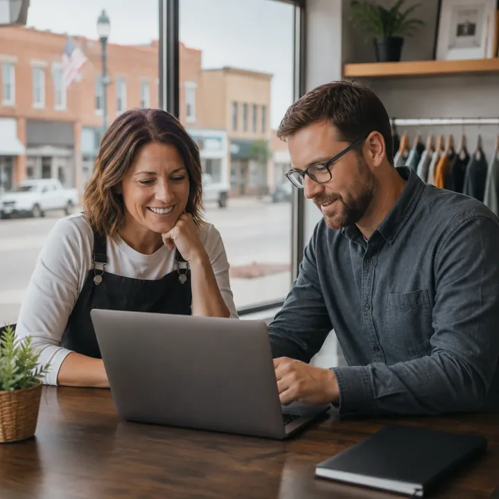 Web designer going over a new website with a Abbeville, Alabama shop owner on a laptop