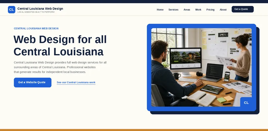 Homepage of Central Louisiana Web Design, a local web design site built by Southeast Alabama Web Design